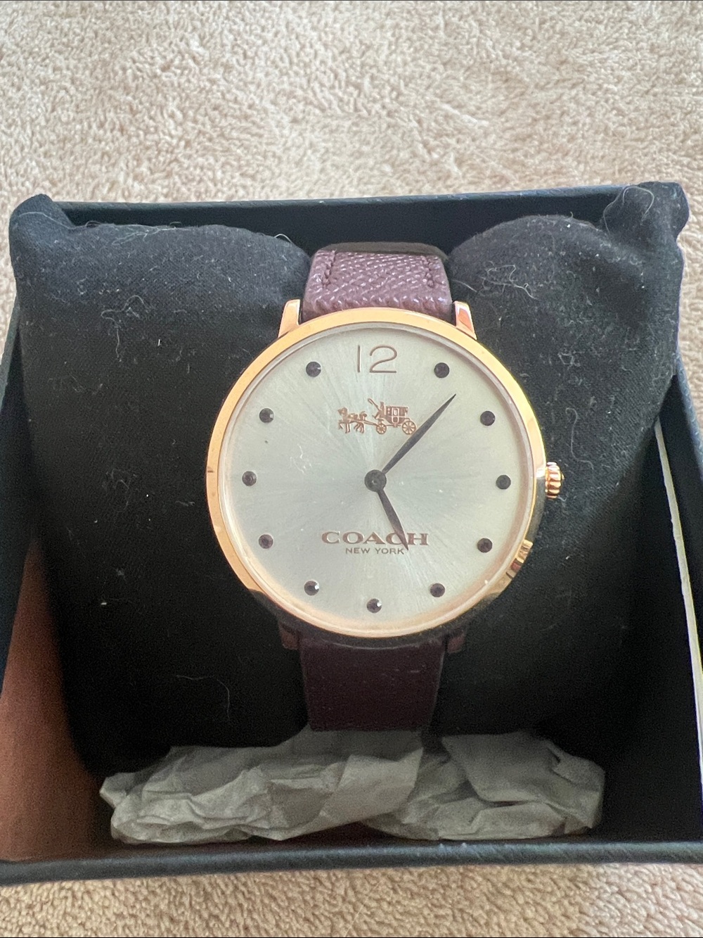 Coach Women's Round Dial Watch - Plum Leather & Rose Gold Tone